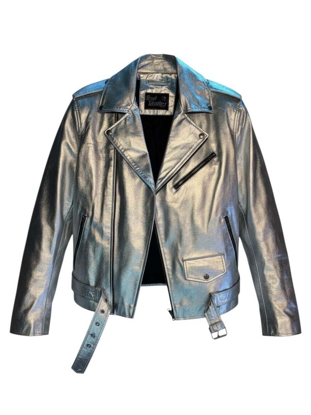 Real Leather Silver Metallic Biker Jacket